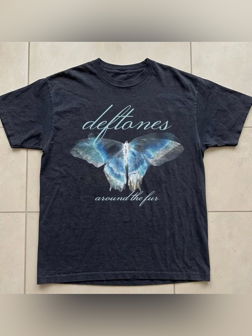 Black Tee with Blue Butterfly and Deftones Script - Around the Fur